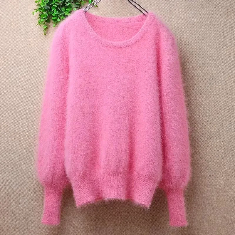 04 ropa de Otoño Invierno para mujer, dulce Rosa, pelo de conejo Angora tejido con cuello redondo, blusas ajustadas de manga larga, Jersey, suéter, Top