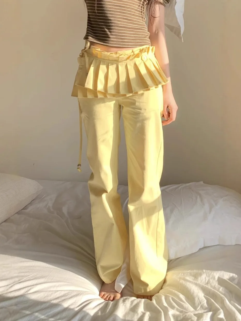 

American Retro Yellow Denim Skirt Women's Summer New High-End Feeling Layered Straight Leg Bell Bottom Long Pants
