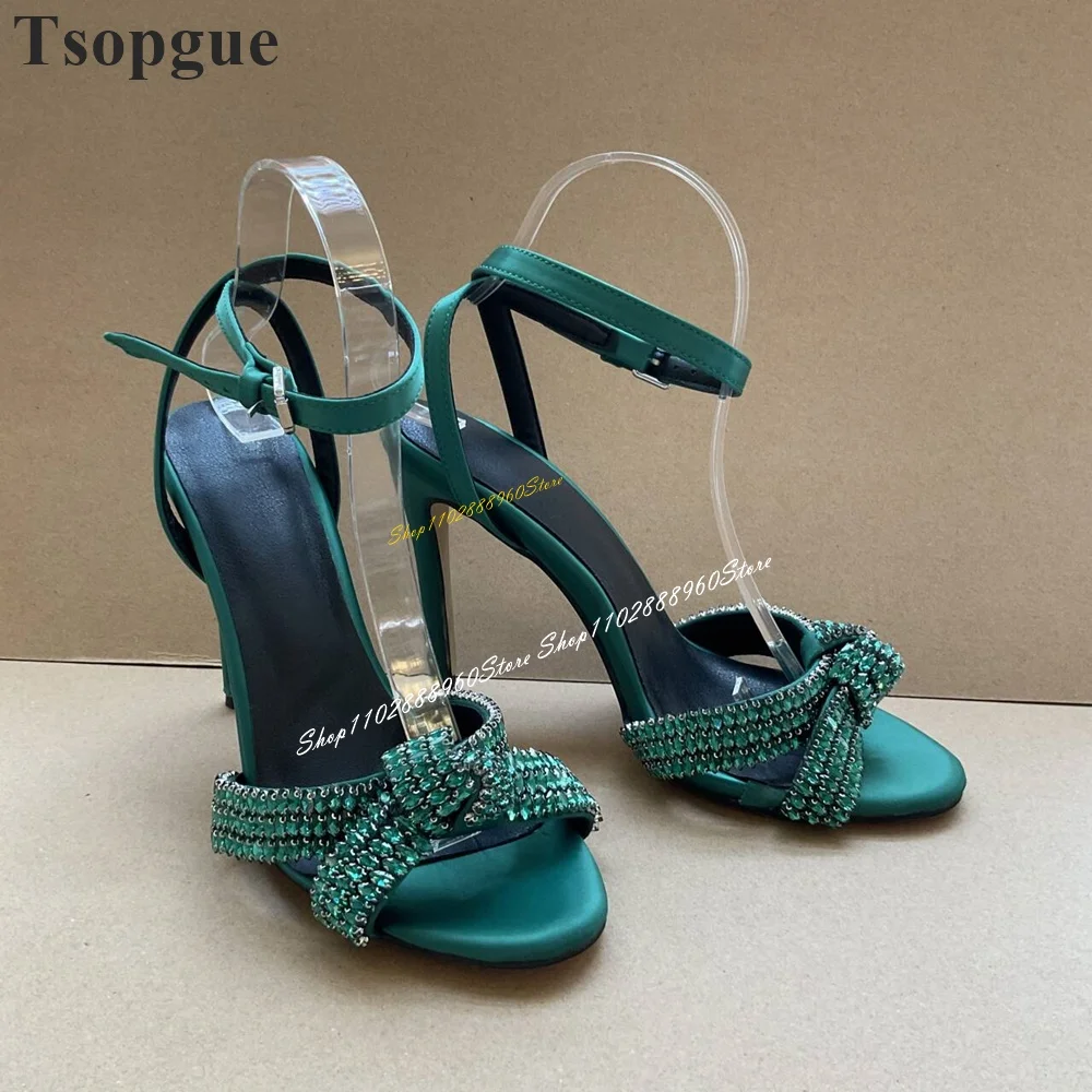 Trendy Green String Bead Bowknot sandali sottile tacco alto scarpe da donna cinturino con fibbia alla caviglia Open Toe 2024 Fashion Zapatos Para Mujere