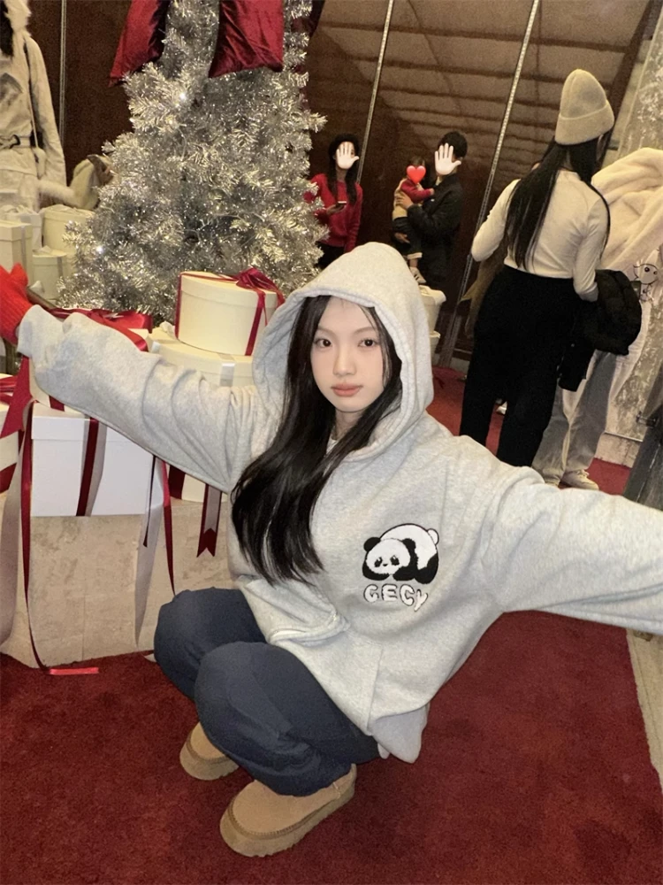 Adagirl kawaii panda gráfico hoodies para mulheres bordado cinza oversized moletom feminino cutecore topos outono inverno roupas