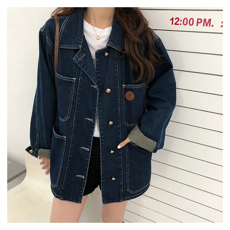 Dark Blue Denim Jacket Women Spring Autumn Lapel Loose Single-breasted Coat Korean Style Casual Outerwear Tops