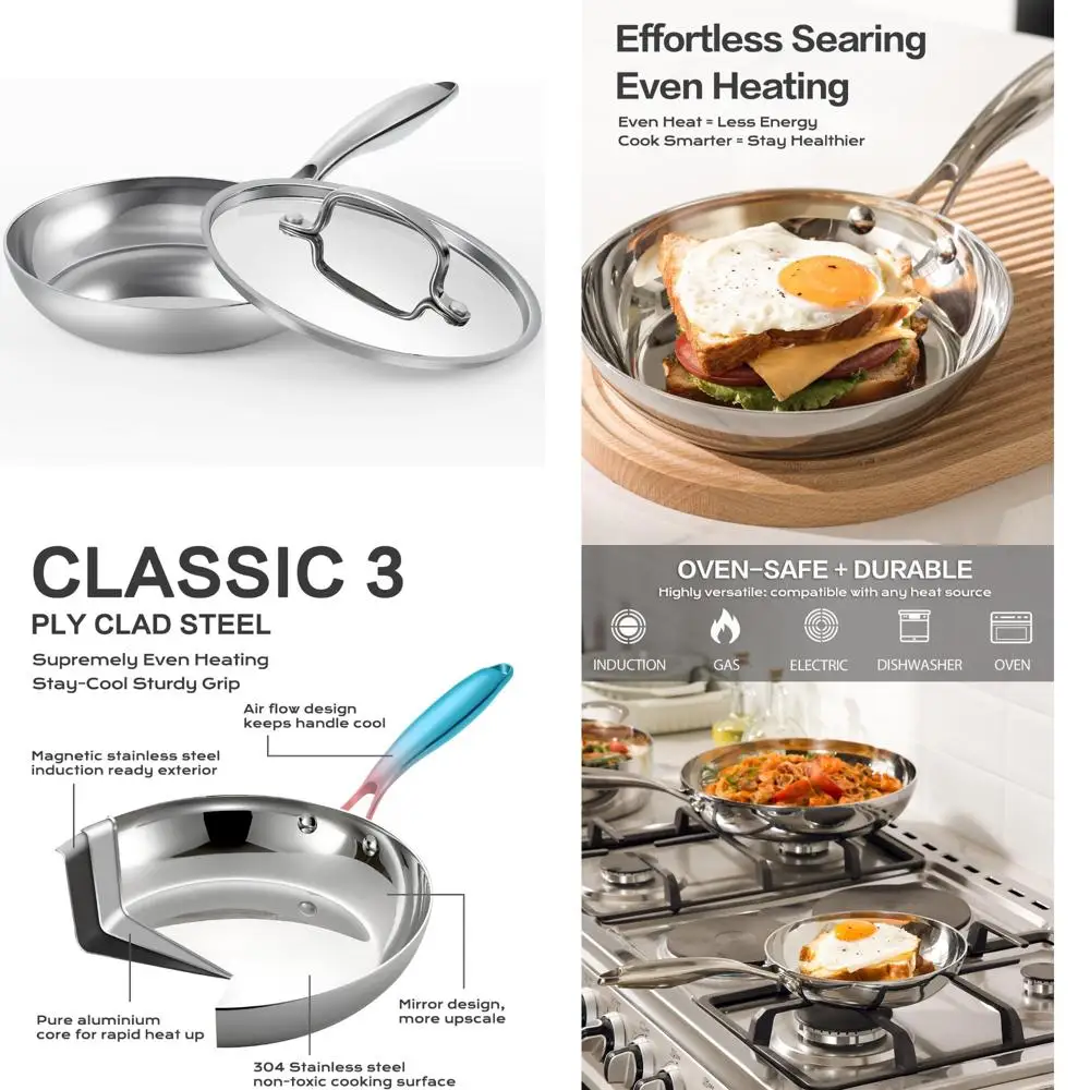 

Nonstick 8 Inch Stainless Steel Frying Pan with Tri-Ply Base and Lid for Even Heat Distribution and Non-Toxic Cooking