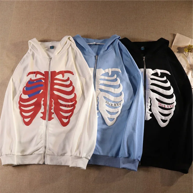 

Y2K Skeleton Print Hoodies Women Gothic Skulls Hooded Jacket Zip Up Retro Harajuku Sweatshirts Fashion Streetwear Long Sleeve