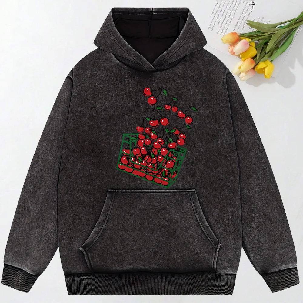 A Basket Of Cherries  Printing Washed Streetwear Women Fashion Hoodies Autumn Cotton Hoody Hip Hop Oversize Clothing Unisex