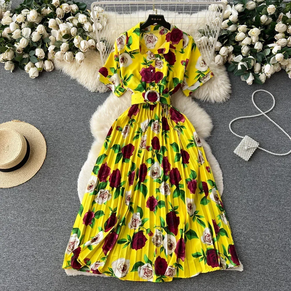 2024 Summer Women Floral Pleated Dress Vintage Turn-Down Collar Short Sleeve Single Breasted Printed Draped Midi Vestidos New