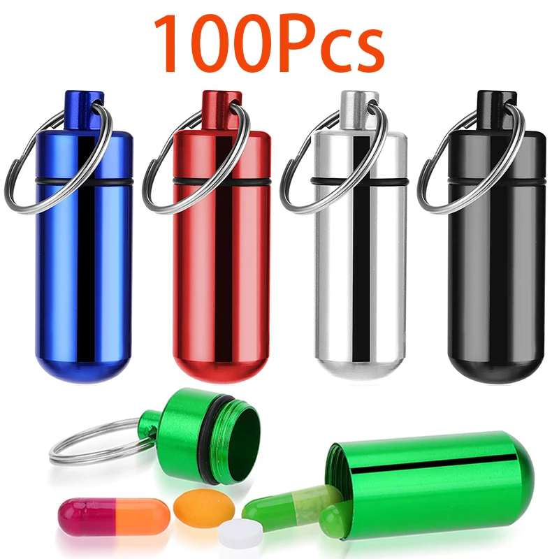 

100Pcs Waterproof Aluminum Pill Box Case Bottle Holder Container with Keychain Multi Colors