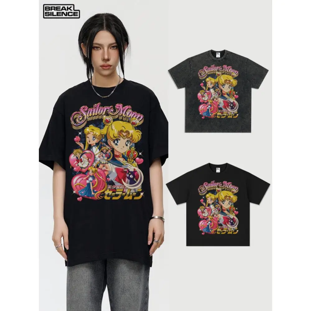 Sailor Moon Vintage Washed T Shirt Women Cotton T-Shirt Casual O Neck Anime Tees Short Sleeve Loose Men's and Women's Tops Trend