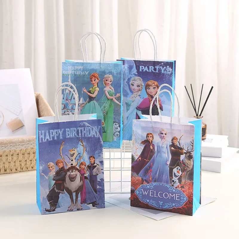 

12pcs Disney Frozen Anime Party Gathering Favor Bag Theme Party Tote Paper Bag Candy Dessert Gift Packing Treat Bag Supplies