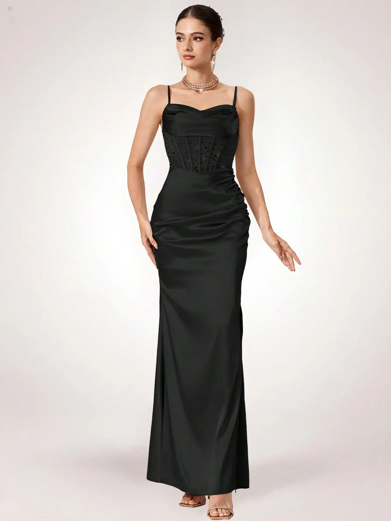 Robe de soirée longue en satin noir avec corset transparent orné de strass, coupe amincissante pour bal de promo, mariage, fête