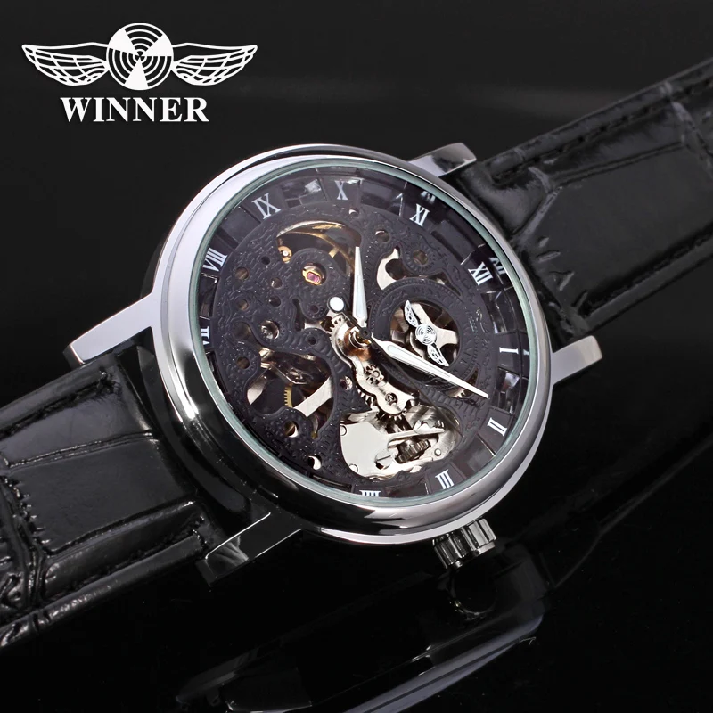 T-WINNER الكلاسيكية الجوف محفورة رجالي ساعات آلية حزام من الجلد الأرقام الرومانية مؤشرات مضيئة رجل الأعمال ساعات المعصم