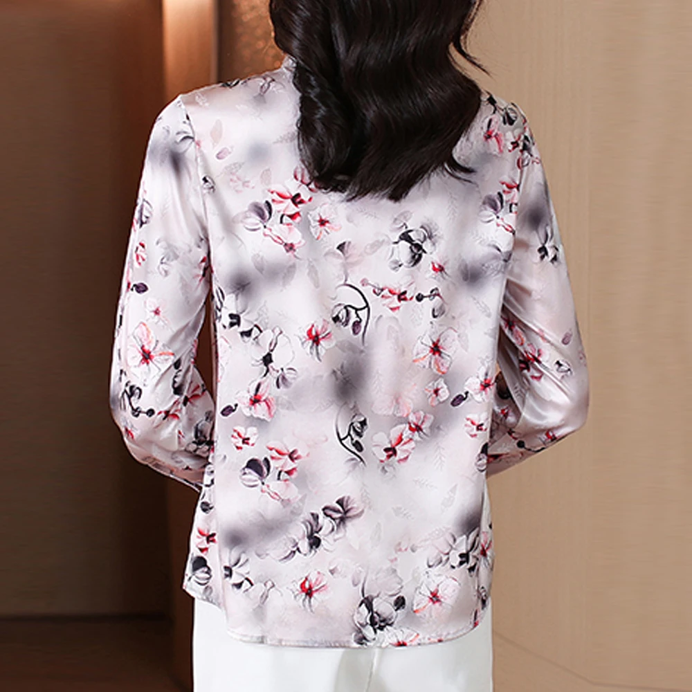 Fashion Printed Women's Shirts Long Sleeve Vintage Satin Silk Blouses Women Basic Tops Blusas Mujer De Moda 2024 Female Clothing