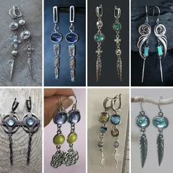 Vintage Long Blue Tassel Drop Earrings for Women Ethnic Style Creative Old Antique Silver Color Personalized Jewelry Accessories