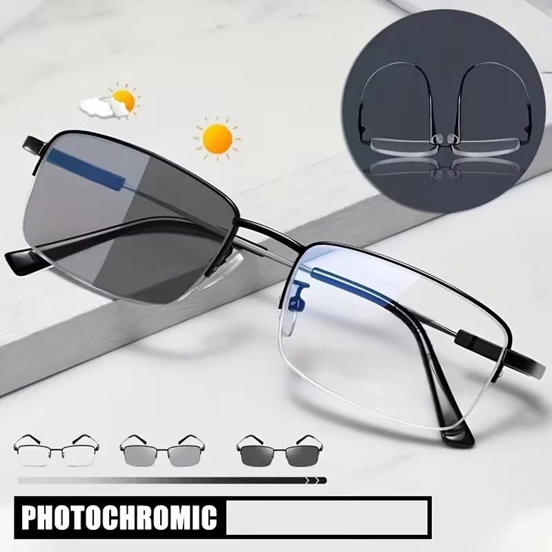 Memory Titanium Photochromic Multifocus Reading Glasses Men Women 2024 Progressive Anti-blue Ray Half Rim Presbyopic Eyeglasses