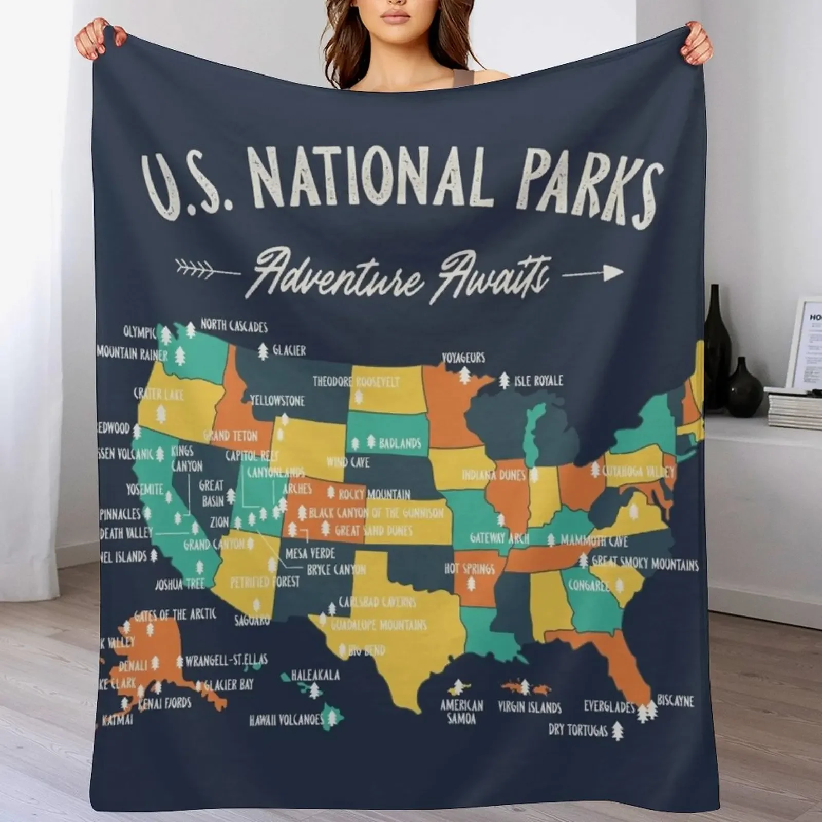 

U.S National Parks Map - Adventure Awaits Throw Blanket Flannel Fabric Travel Furrys Soft Plush Plaid Blankets
