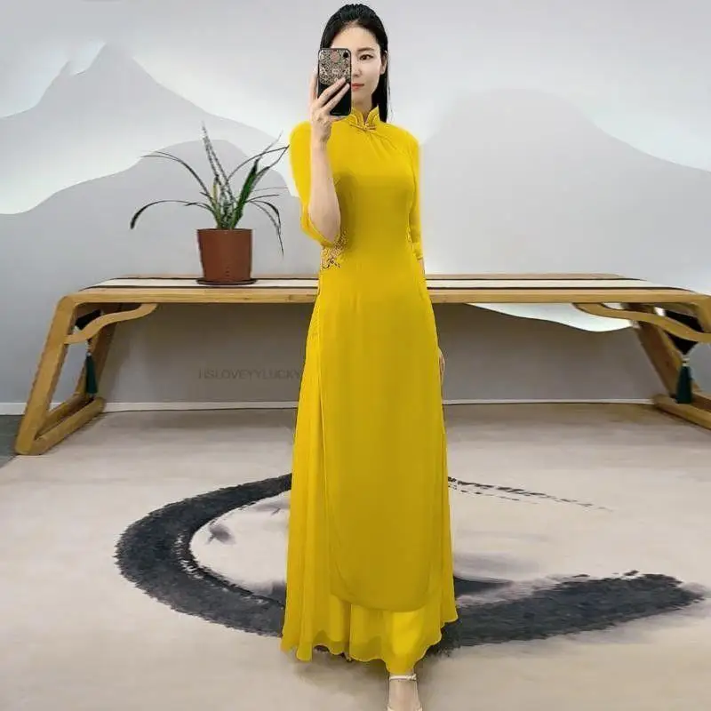 Elegante roupa tradicional Aodai para mulher, vestido Vietnam Dai, Cheongsam melhorado, conjunto de duas peças, Vietnam