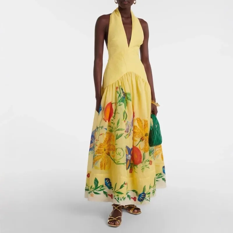 

2025 Summer Africa Floral Print Halter Maxi Dress Women Sexy Deep V-neck Sleeveless Backless A-line Cotton Linen Party Long Robe