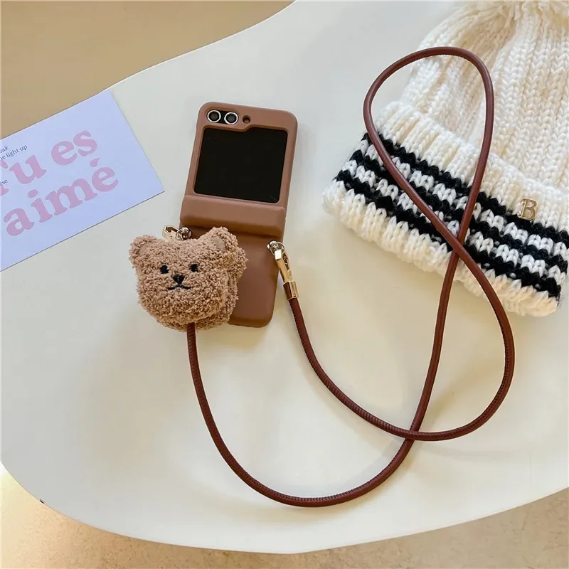 Phone Cases For Samsung Galaxy Z Flip 3 4 5 3D Cartoon Plush Bear Crossbody Lanyard Insert Cards Matte Shockproof Back Cover