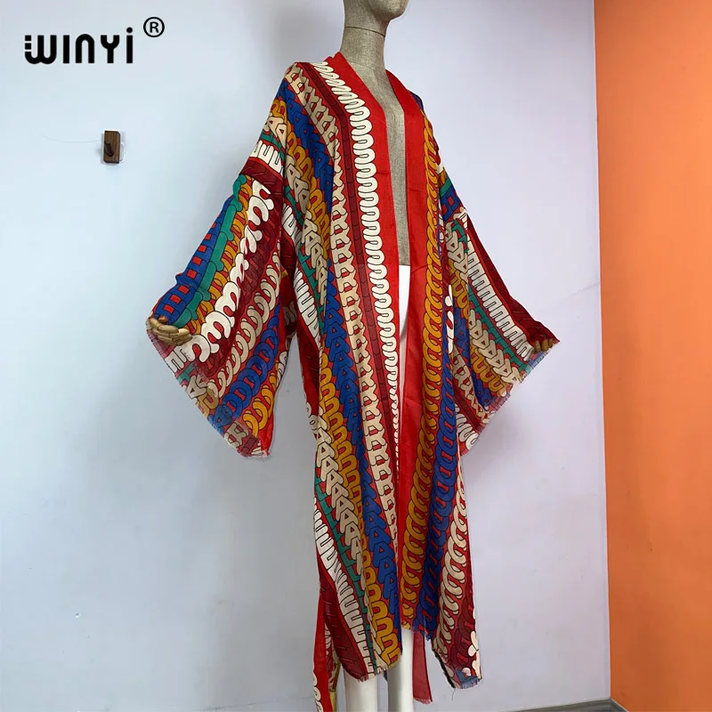 WINYI kimono summer print kaftans beach outfits for women Elegant Cardigan sexy Holiday maxi beach wear swimsuit evening dress