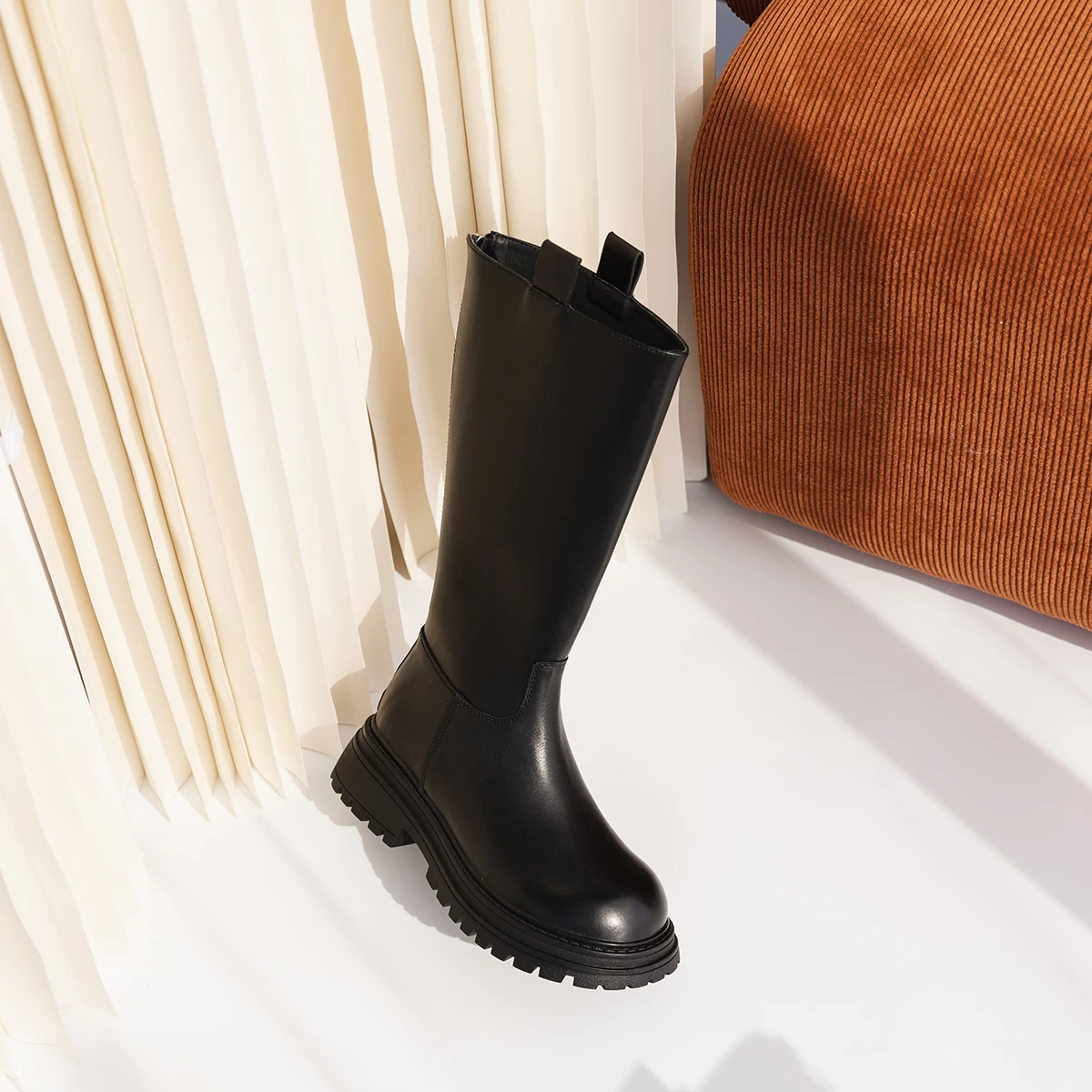 

Длинные кожаные сапоги-трубы Thi Bot Knight Sle, женские повседневные высокие сапоги-трубы, осень-зима, резиновая подошва с круглым носком