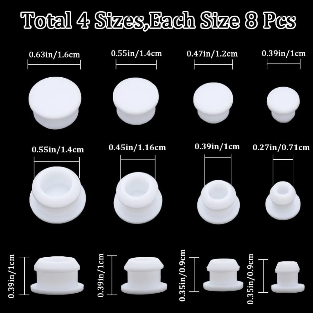 32PCS 4 Sizes White Silicone Stoppers for Salt and Pepper Shakers 9/32 29/64 25/64 9/16 Inch Salt Plug Slot Stopper Bottles