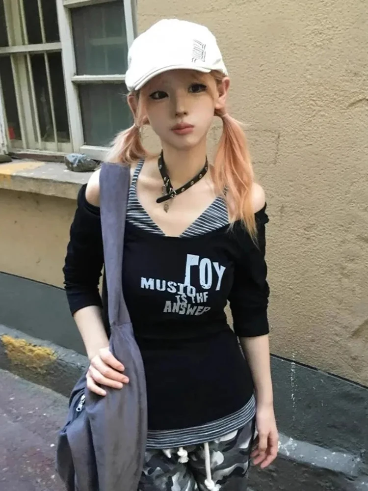 Camiseta Zoki ahuecada Y2K para mujer, ropa de calle Vintage, camisetas góticas de manga larga, camisetas Harajuku con cuello en V académico oscuro americano para primavera