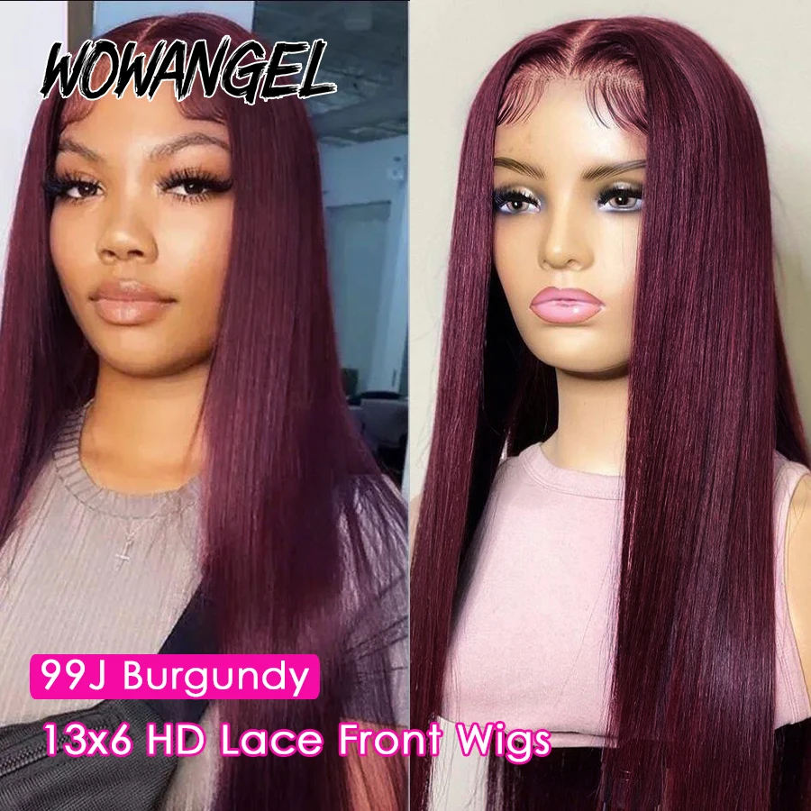 Pre Cut Lace Wigs 99J Burgundy 13x6 HD Lace Front Human Hair Wigs Brazilian Silk Straight Wigs Melt Skins Red Colored Wigs