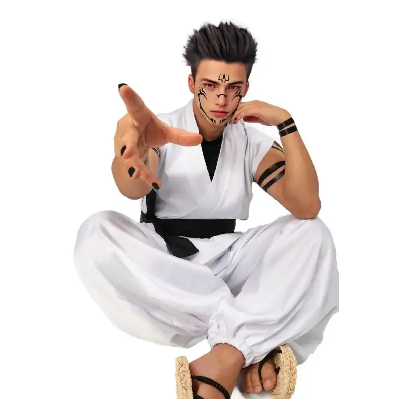 WENAM Costume cosplay Ryomen Sukuna da uomo taglia USA Abito Kung Fu bianco con adesivi per tatuaggi per abiti Comic Con di Halloween
