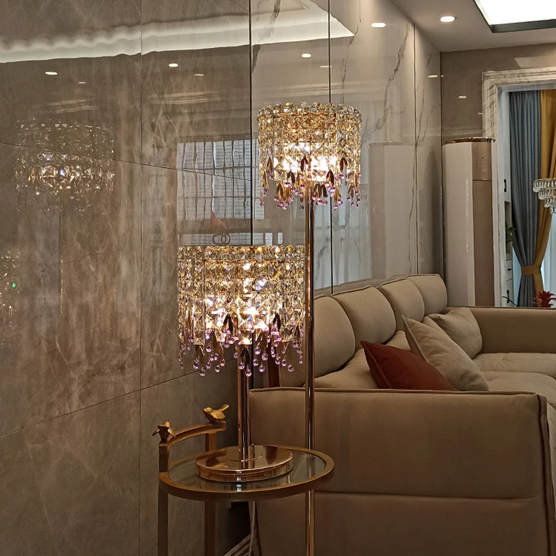 

European Luxury Crystal Table Lamp Bedroom Bedside Desk Light Modern Living Room LED Vertical Lights Creative Control Floor Lamp