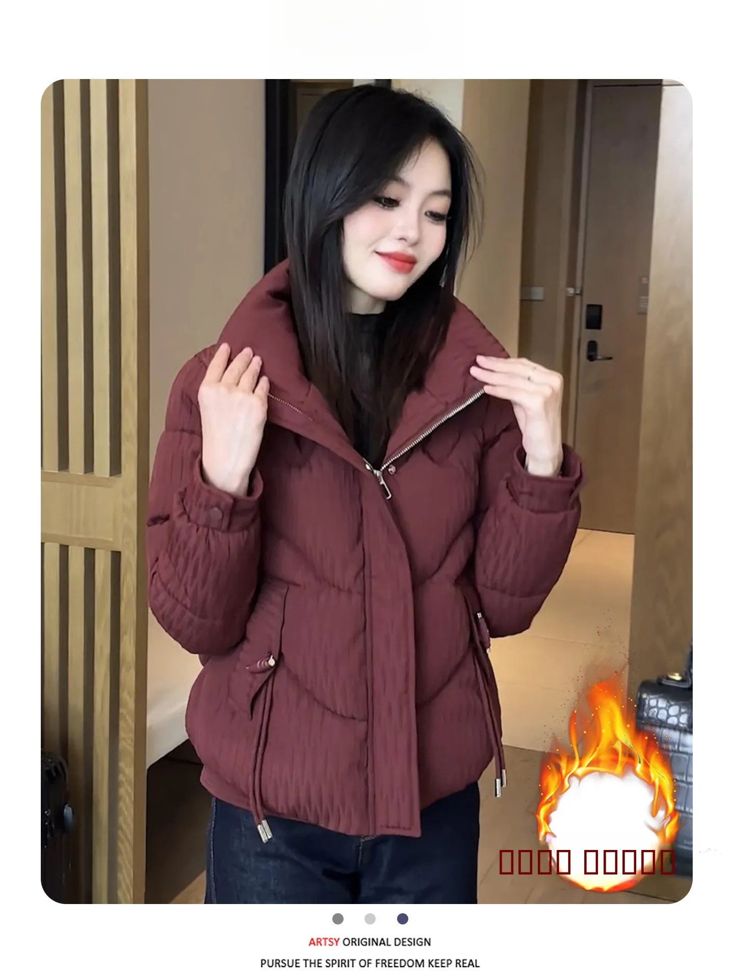 

Faionable Thiened down Cotton Jaet Women's Winter Outerwear Versatile Warm Commuter Korean Sle Long Sve Zipper