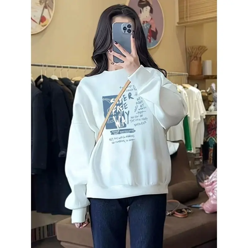 Autumn and Winter Women\'s Crew Neck Long Sleeves Printing Loose Pullovers Korean Hoodies Fashion Casual All Match Tops