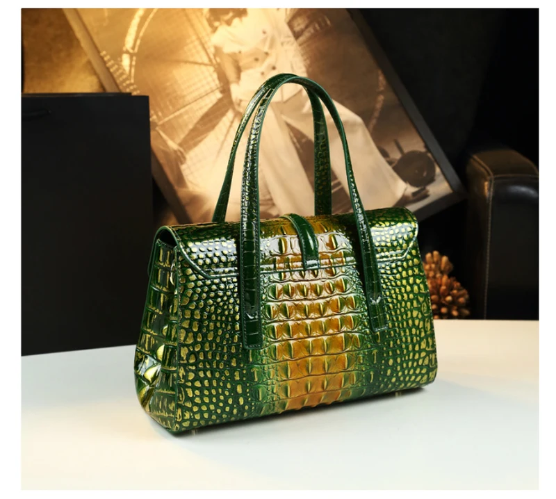 Luxury Genuine Leather Women\'s Handbags Green Crocodile Pattern Lady Tote Bag Fashion Travel Portable Shoulder Underarm Bags