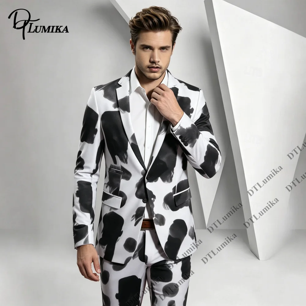 

DTLumika All Over Cow Print Men 2 Piece Suit Blazer Pants Set Party Stage Costume Traveling Holiday Party Suit Weekend Gathering