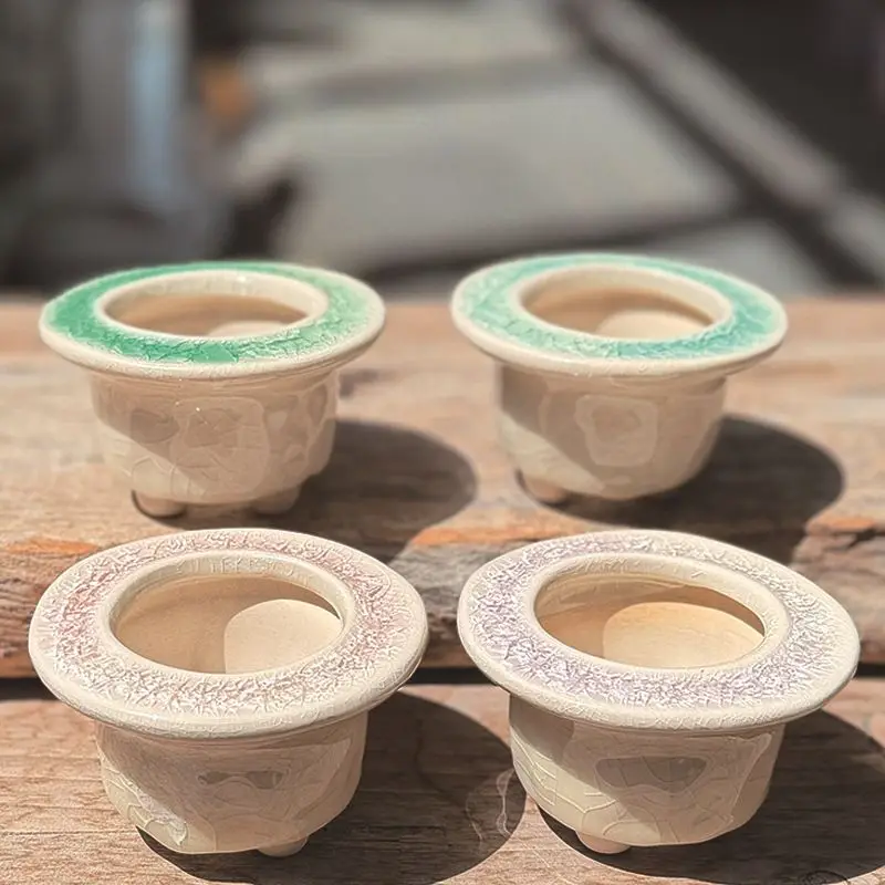 New Succulent Flower Pot Opening Glazed Green Plant Cactus Desktop Small Potted Plant Ice Cracked Small Flower Pot Combination