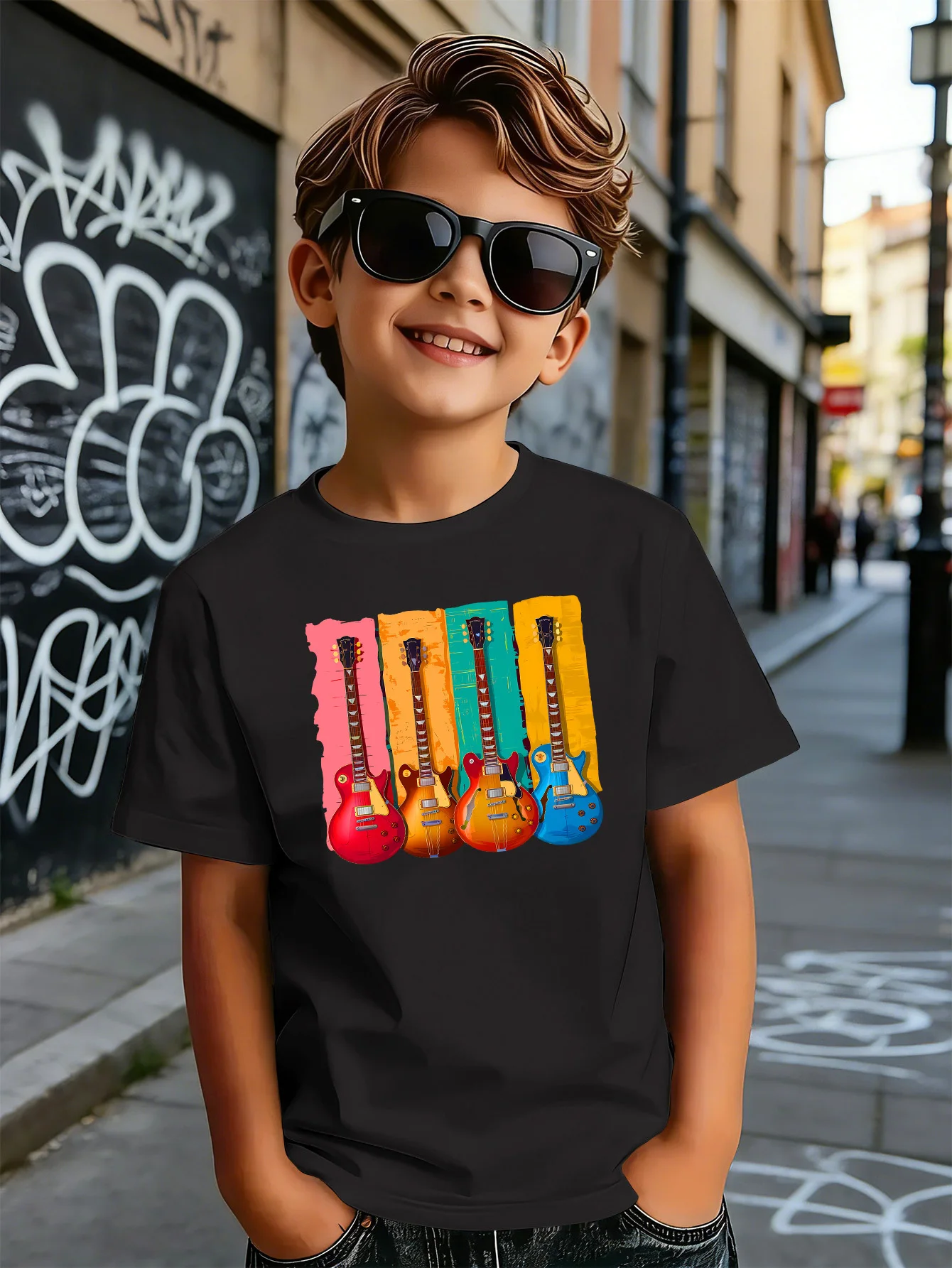 Colorful Retro Electric Guitars Graffiti Print Kids T Shirt Boys Girls Short Sleeve Crew Neck Cotton Rock Music Matching Tees