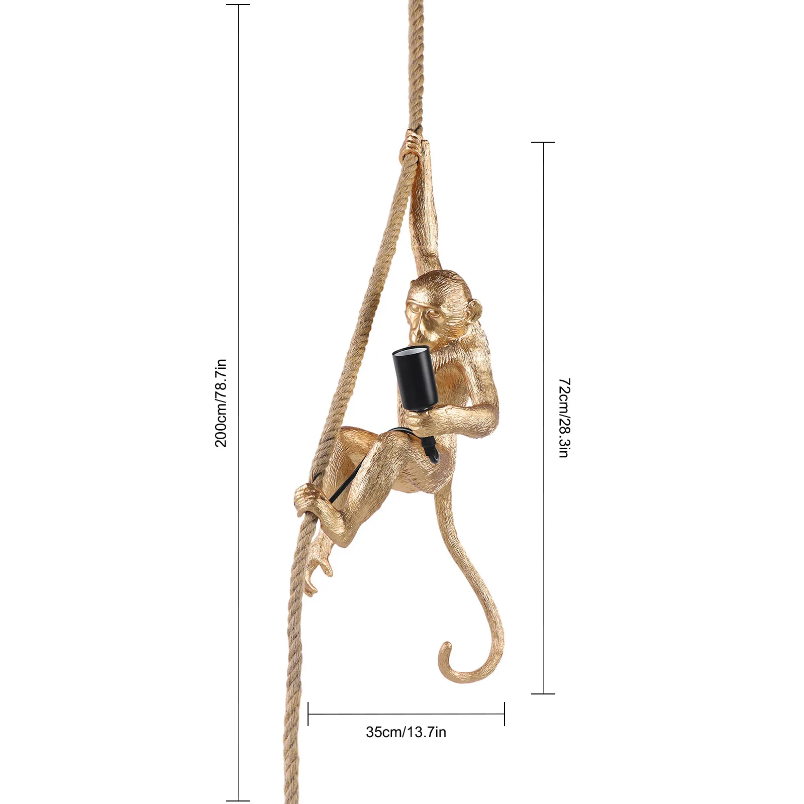 빈티지 몽키 모양 펜던트 램프, 창의적인 송진 몽키 대마 로프 걸이식 조명, 침실 서재 홈 장식, 벽 테이블 램프, E26