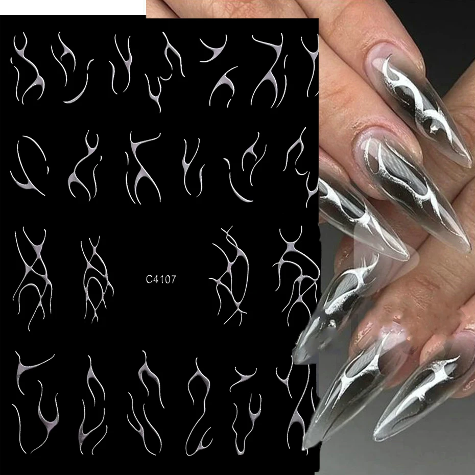 Bronzing Metal Gold Silver Flame 3D Nail Stickers Y2K Tribal Fire Design French Decal With Wavy Line Holographic Flame Slider