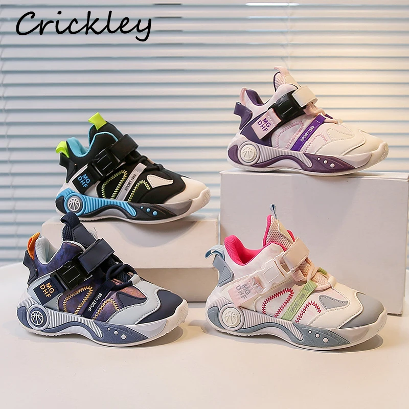 

Patchwork PU Kids Sneakers Spring Autumn Buckle Children Basketball Sport Shoes Soft Bottom Boys Girls Mid-cut Casual Shoes