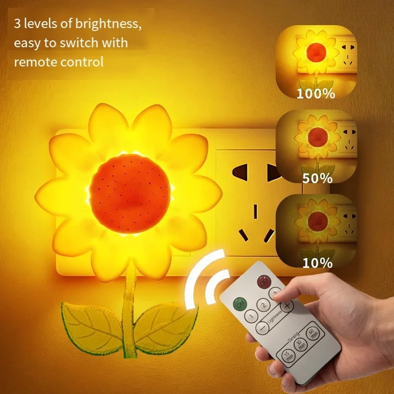 ひまわりナイトライト-寝室やベッドサイドテーブル用の装飾的なムードライト、調光可能、タイマー機能、赤ちゃんの授乳や睡眠に最適
