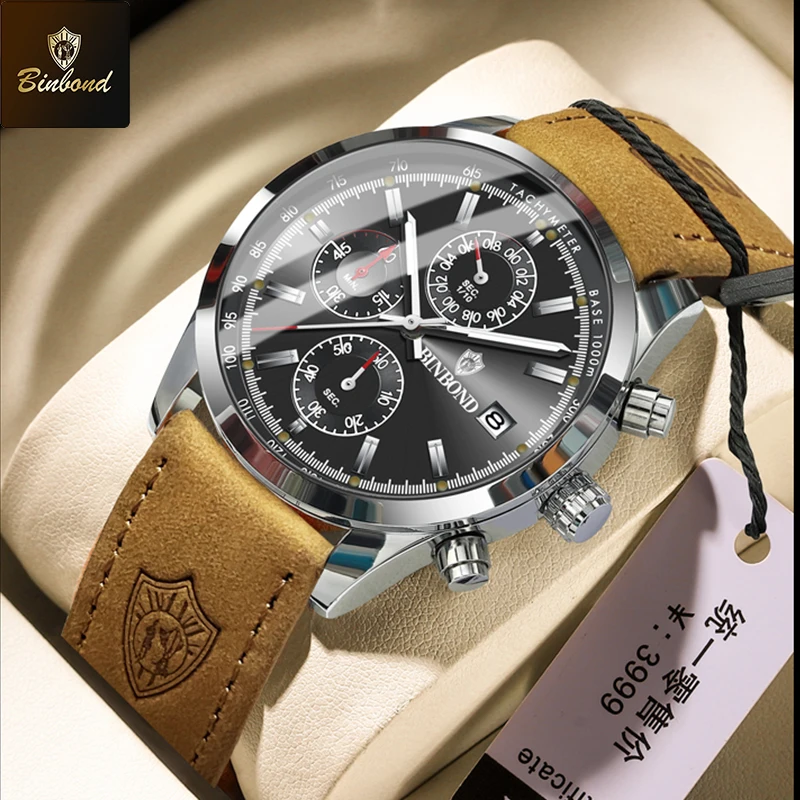 BINBOND ใหม่หรูหรานาฬิกาควอตซ์กันน้ําวันที่ Chronograph หนังผู้ชายนาฬิกาข้อมือทหารกีฬานาฬิกาผู้ชาย Reloj