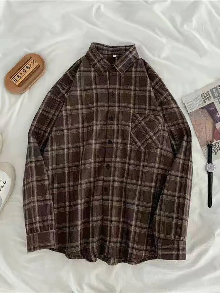 JMPRS Vintage Women Plaid Shirts Autumn Long Sleeve Oversize Button Up Tops Korean Loose Casual Fall Outwear Femme Shirts