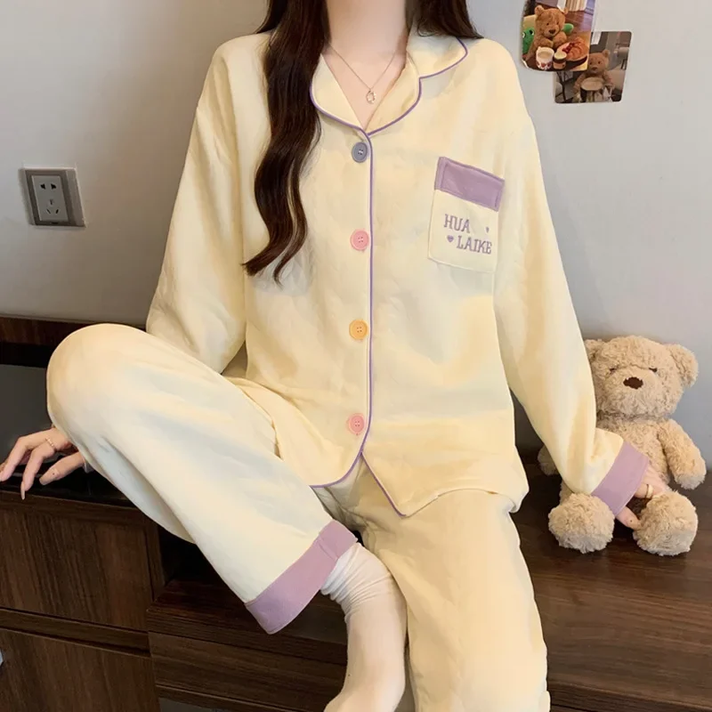 New 2/pce Set Sirls Autumn Winter Korean-style Warm Pajama Women Long Sleeves Pant Girl Embroidery Loungewear Lady Simple Pajama