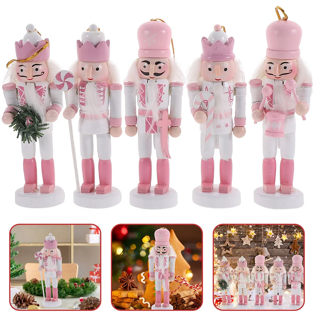 

10 Pcs Desktop Nutcrackers Craft Pink Decor Wood Figurine Mini Christmas Tree Gift Wooden