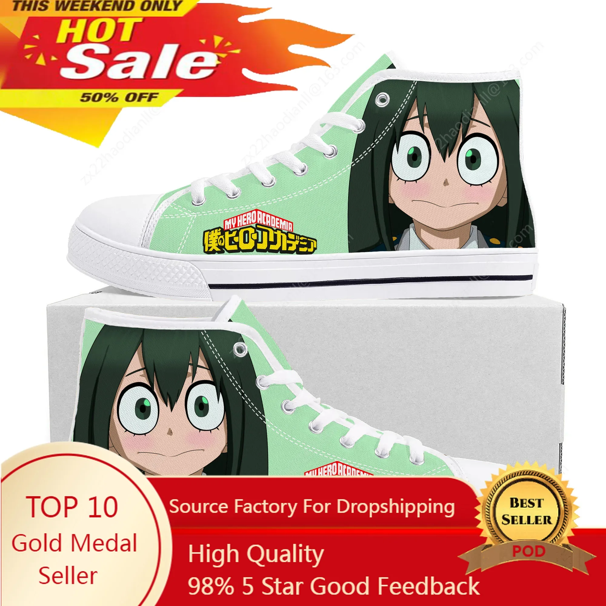 

Hot Anime Cartoon Asui Tsuyu High Top Sneakers My Hero Academia Mens Womens High Quality Canvas Sneaker Couple Shoes Custom Shoe