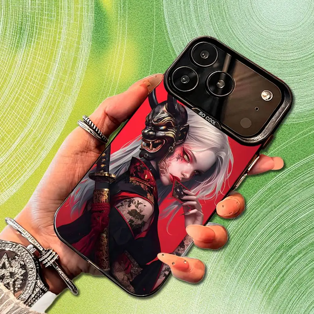 Art Warrior Woman Japanese Phone Case For iPhone 14,17,13,12,11,16,15,Mini,Pro,SE,XS,MAX,Black Matte Silicone Cover