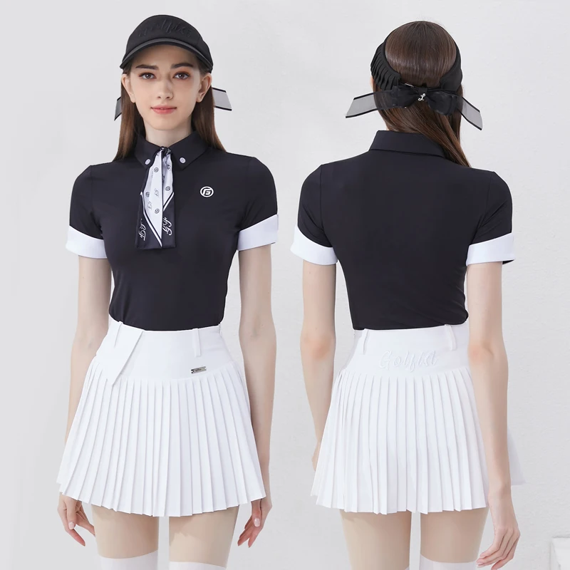 Women\'s Summer Golf Polo Shirt Button Quick Dry Sports Tennis T-shirt Pleated Golf Skirt with Shorts Sportswear