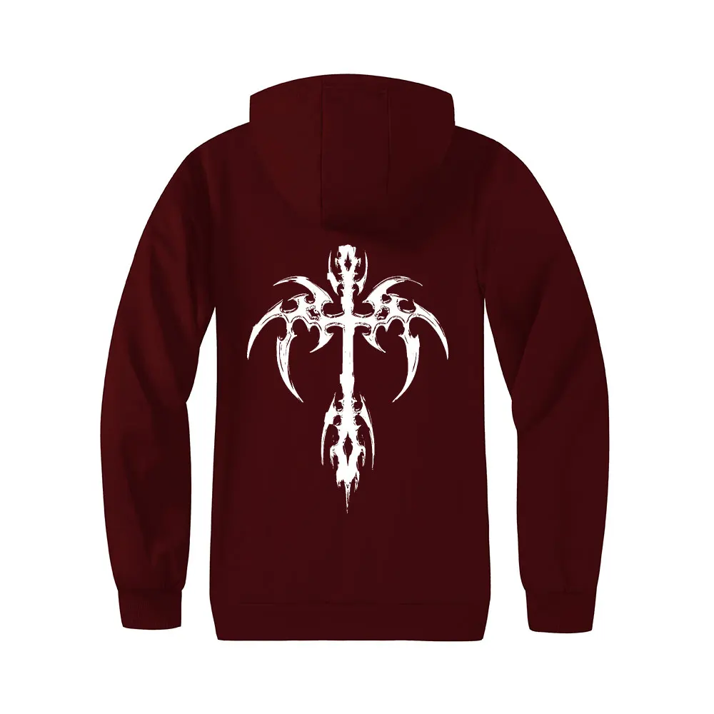 سترة سميكة للرجال بسحاب مبطن بالصوف سترات بغطاء للرأس مطبوعة بأجنحة متقاطعة مقاومة للرياح للخريف والشتاء سترة بقلنسوة #3