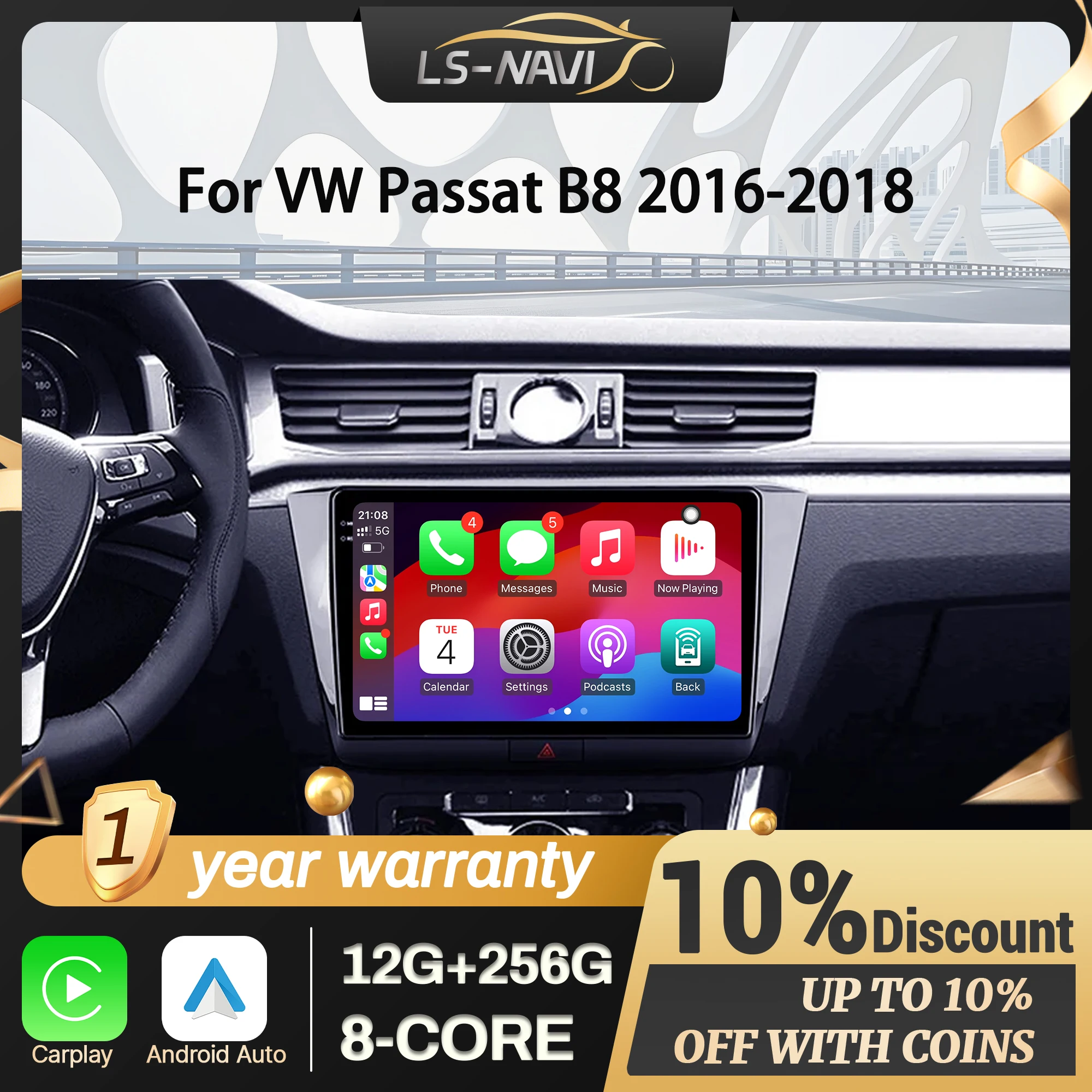 

Для VW Passat B8 2016-2018 Android 14 автомобильный радиоприемник мультимедийная навигация беспроводной CarPlay сенсорный экран Bluetooth стерео
