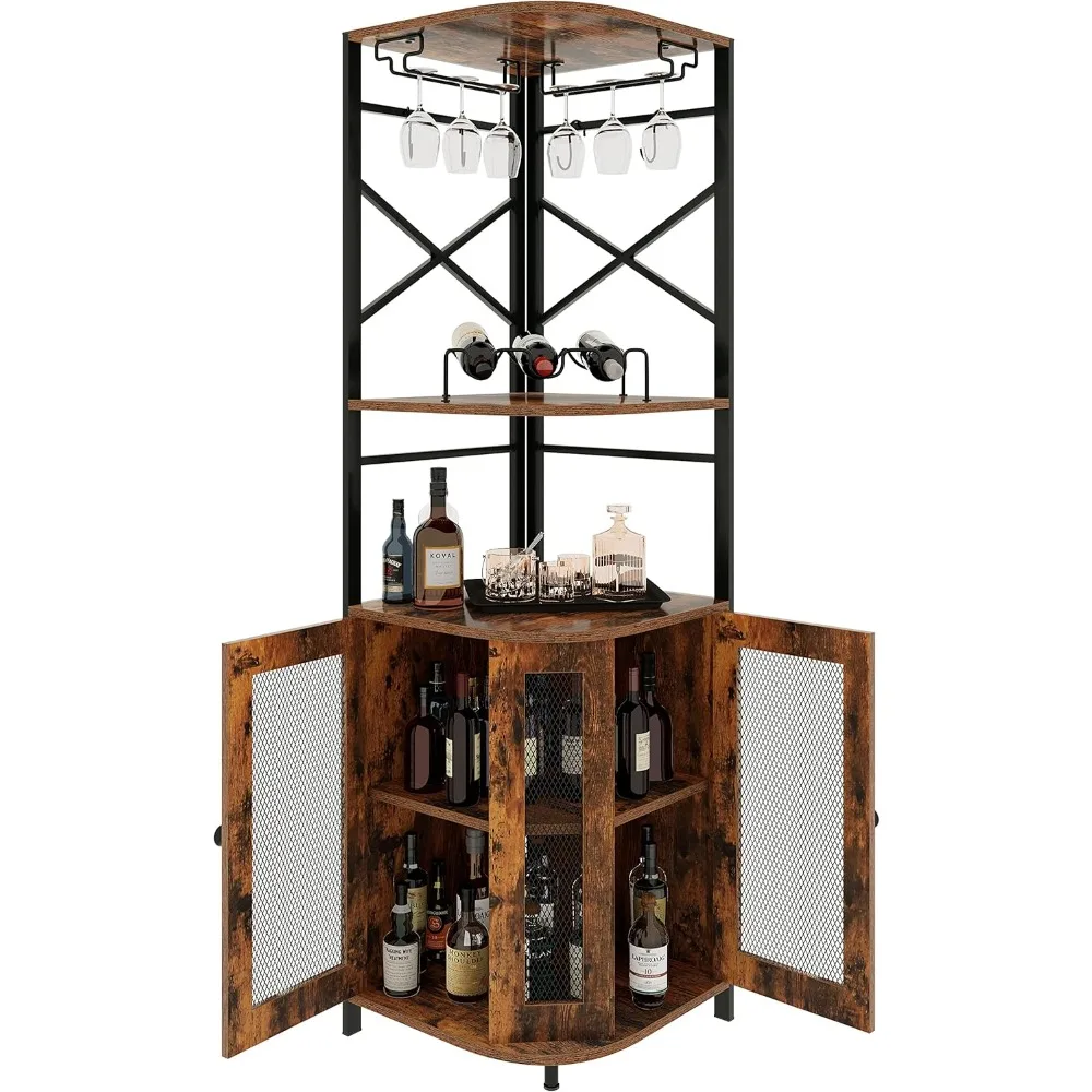 

Bar Cabinet w/Wine Rack and Glass Holder, Corner Cabinet with Mesh Door, Corner Bar Cabinet with Adjustable Shelf, Liquor Cabine