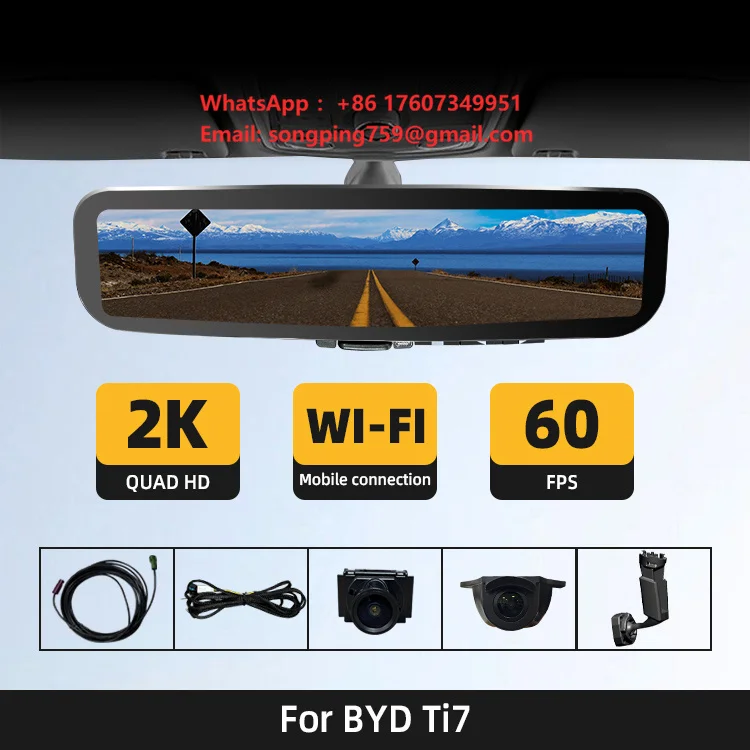WEMAER for BYD Ti7 Dual Lens Dash Cam with WIFI AI 2K 1080P Front Rear Cameras Recording Mirror Design 9.2 Inch Touch Screen