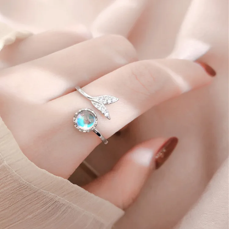 925 Sterling Silver Moonstone Fish Tail Women's Wedding Ring Luxury Jewelry Birthday Gift Accessories Jewellery Prevent Allergy